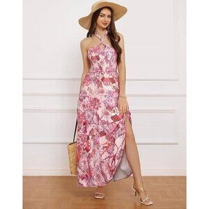 GRACE KARIN Women's Halter Neck Sleeveless Floral Maxi Dress Size L In Pink
